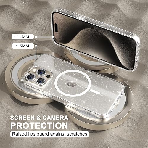 Miniatura 4 de Choiche Funda magnética para iPhone 15 Pro Max, funda transparente con purpurina brillante para mujer, 3 protectores de lente de cámara de diamante