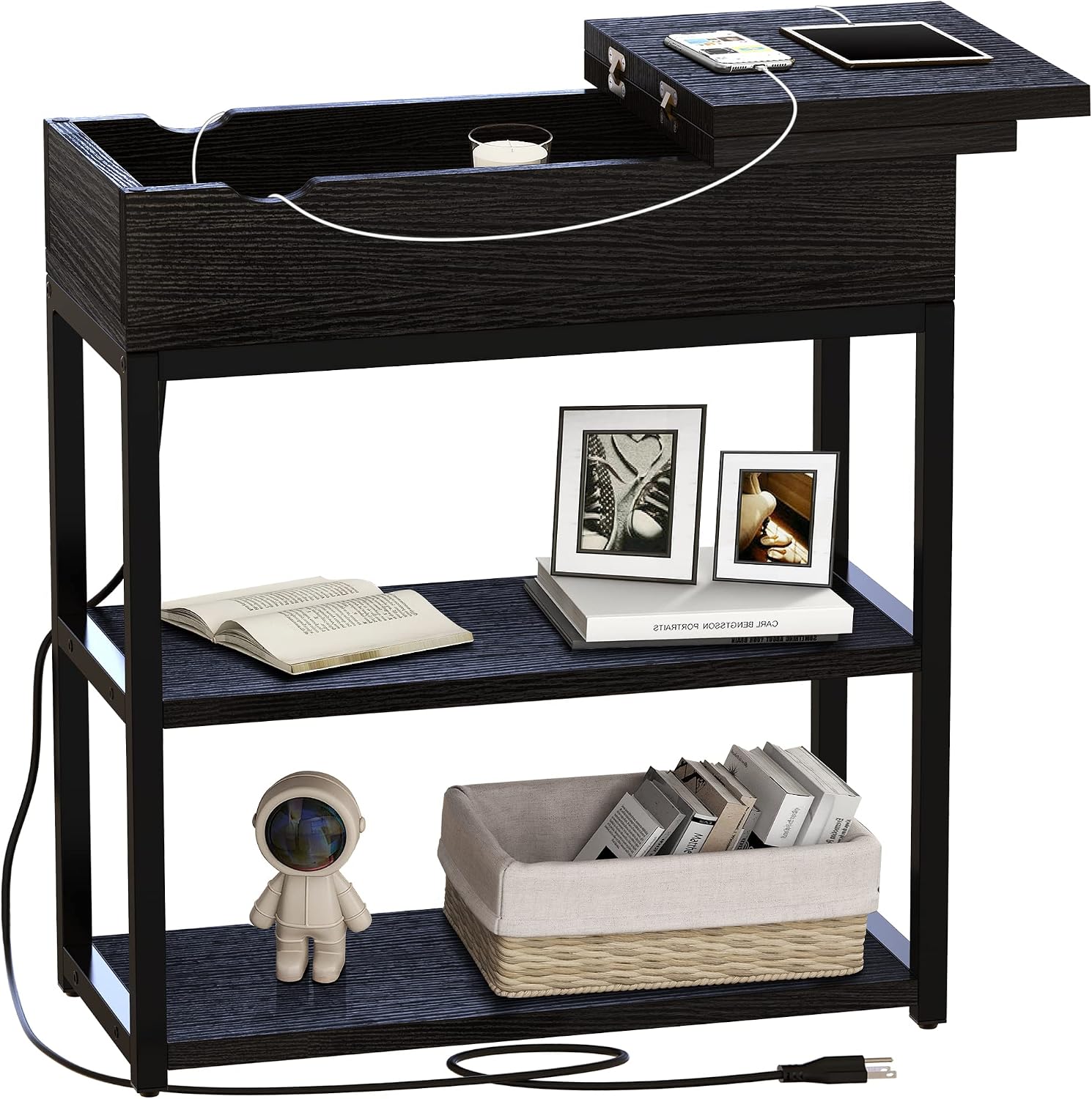 FABATO End Table with Charging Station Nightstands with Storage Shelves Flip Top&USB Ports Narrow Sofa Side Table for Small Spaces with Metal Frame Living Room Bedroom,Black