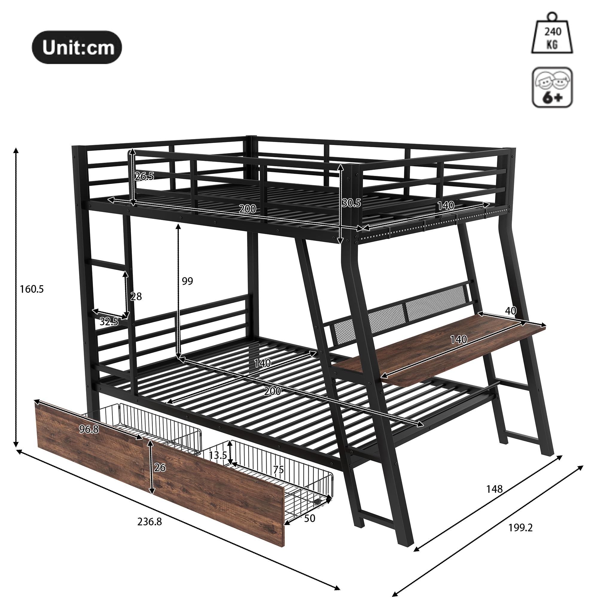 Letto a Soppalco 140x200 cm con LED e cassetti, Letto matrimoniale con scrivania, Letto Bambini con scala e ringhiera, Nero(Senza Materasso)