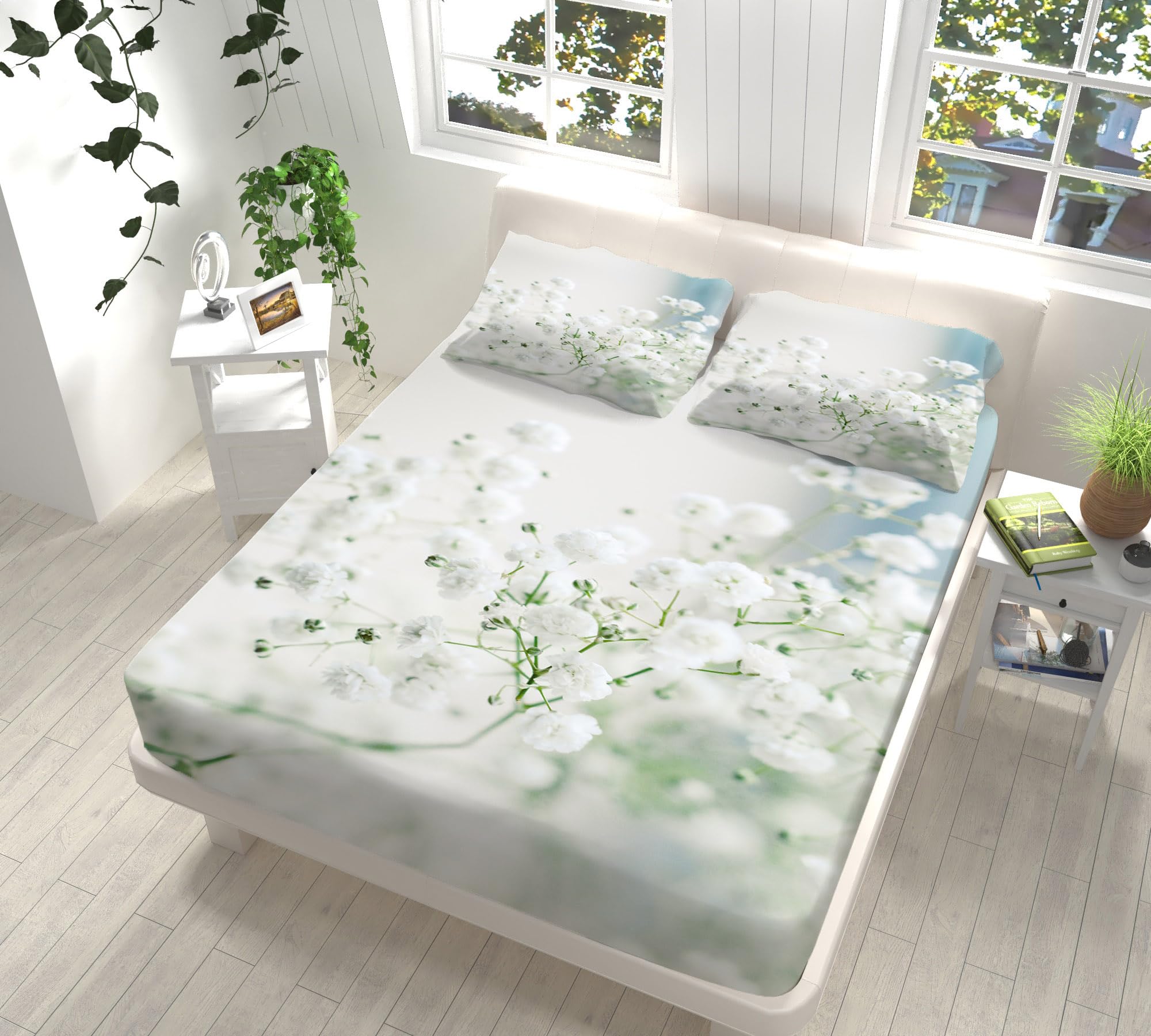 Spannbettlaken 200X200 Weiße Blumen Matratzenschoner Bis 30Cm, Premium Mikrofaser Weiches Spannbetttuch,Bed Sheets,Bettlaken Spannbettuch Atmungsaktiv Und Komfortabel