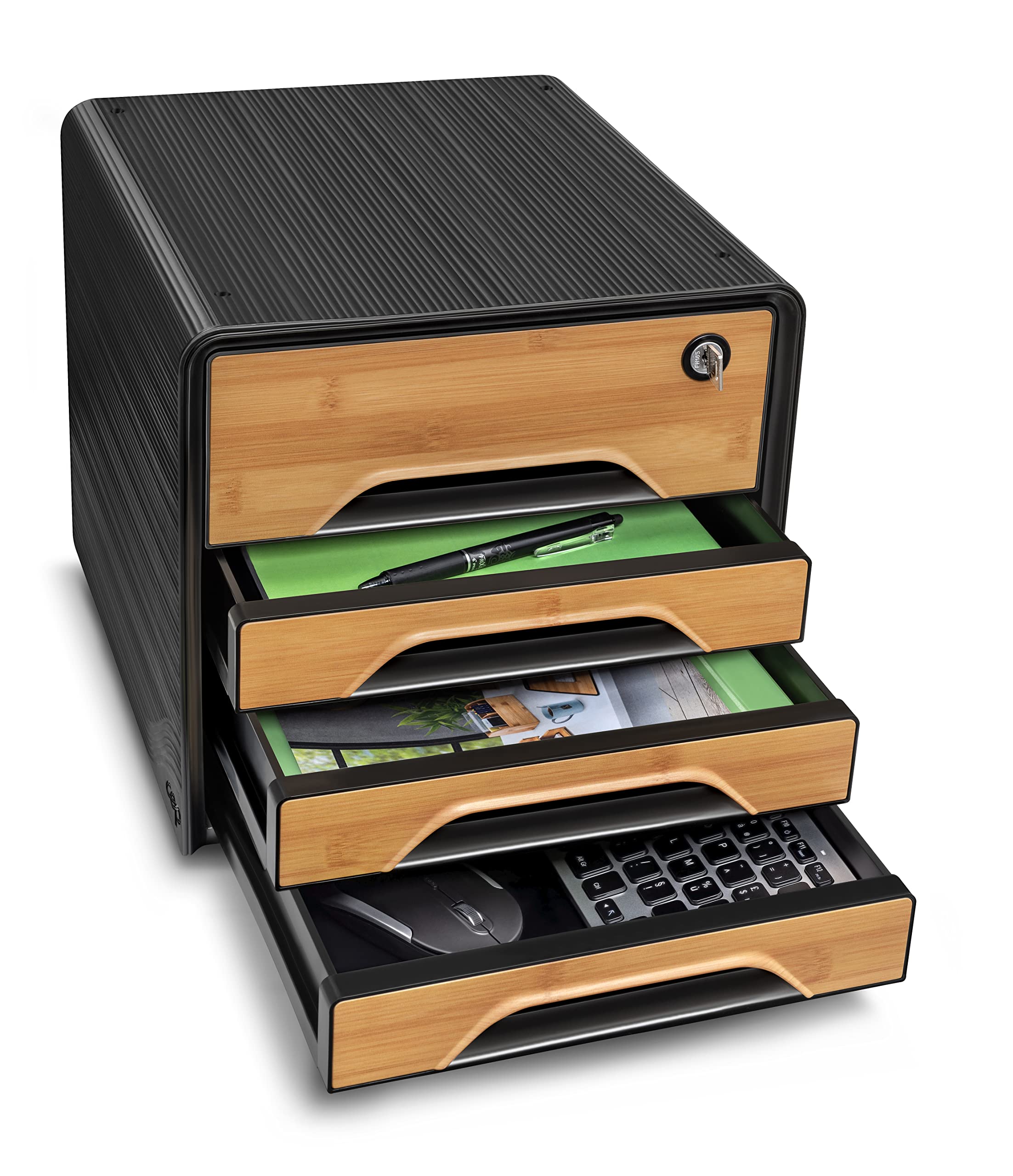 CEP Blocco di archiviazione con serratura modulo, organizzatore 4 cassetti, organizer per documenti, scrivania Smoove Secure, nero stampato Bambù