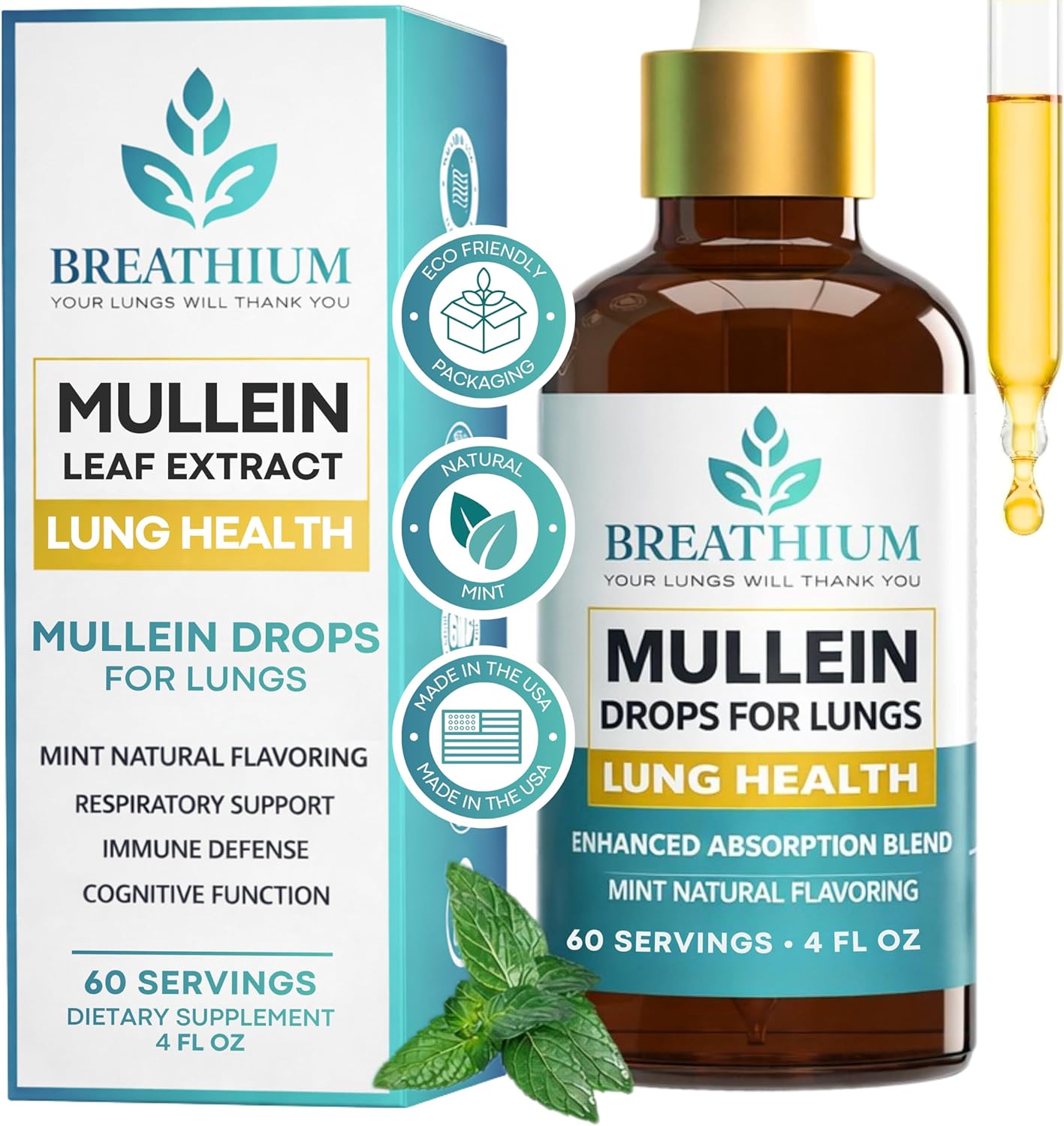 4-in-1 Mullein Drops for Lungs & Gut Health – Liposomal Mullein Leaf Extract, Made in USA, Natural Lung Detox for Smokers + Immune, Digestive, Allergy & Mucus Relief – 4oz Peppermint