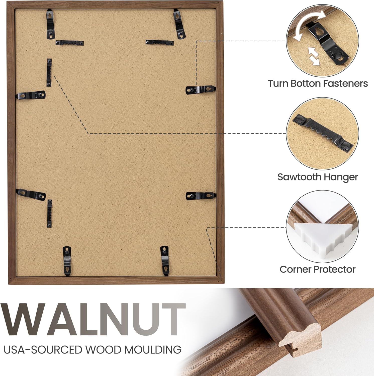 12x16 Picture Frame with Mat Adaptable Display Size for 8.5x11, Natural Black Walnut Wood Frame, HD Tempered Glass, Mortise and Tenon Nail Free Joint, Horizontally & Vertically Wall Display