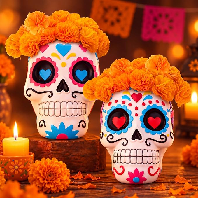 2 Pcs 7.5 Inch Day Of The Dead Sugar Skull Decor with 48 Marigold Flower