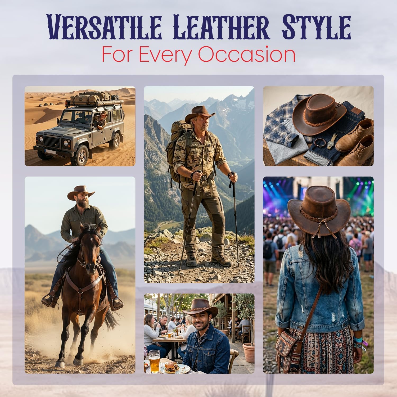 Equine Care Leather Cowboy Hat for Men & Women - Genuine Cowhide Western Hat with Shapeable Brim, Chin Strap, Rustic Brown Outback Ranch Rodeo Riding Hat,
