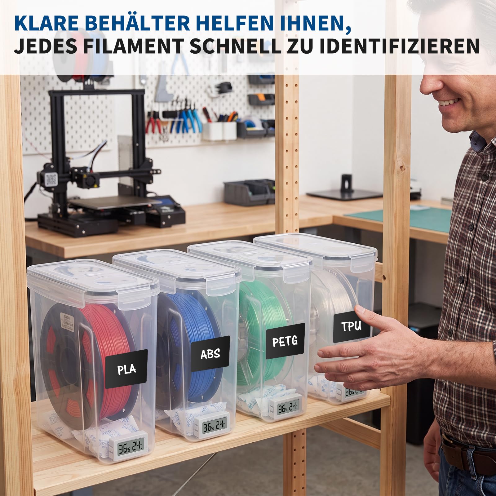 4 Stück Filament Aufbewahrungsbox, Filament Container für 3D Druck Filament Versiegelung und Schutz, Tragbare Aufbewahrung mit 4 Hygrometer, Rohrabschneider, Trockenmittel & Etiketten 4,0L