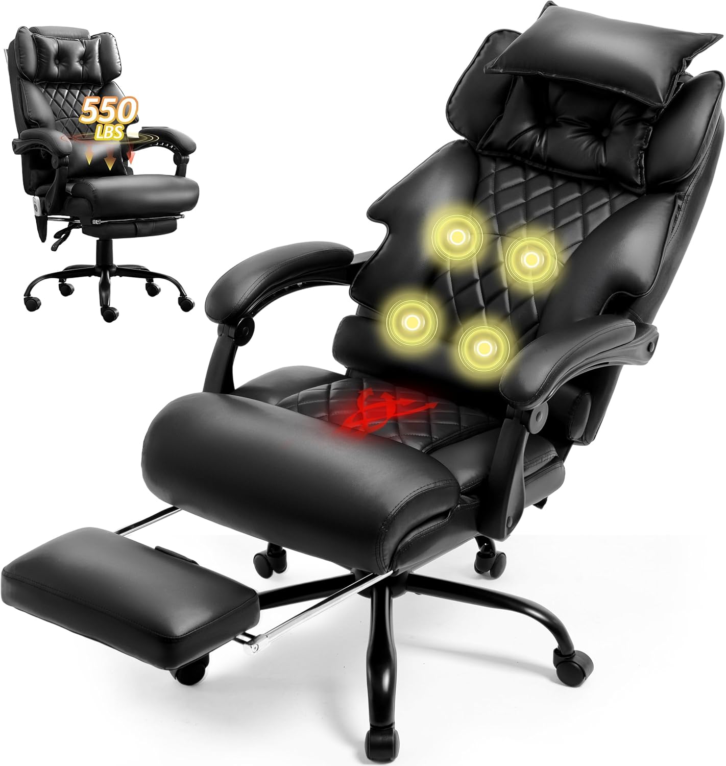 Massage Office Chair with Foot Rest,3D Kneading & Heat Executive Office Chairs,Ergonomic Desk Chair for Heavy People,Big and Tall Leather Office Chair 500LBS,Recliner with Dual-Use Pillow,Black
