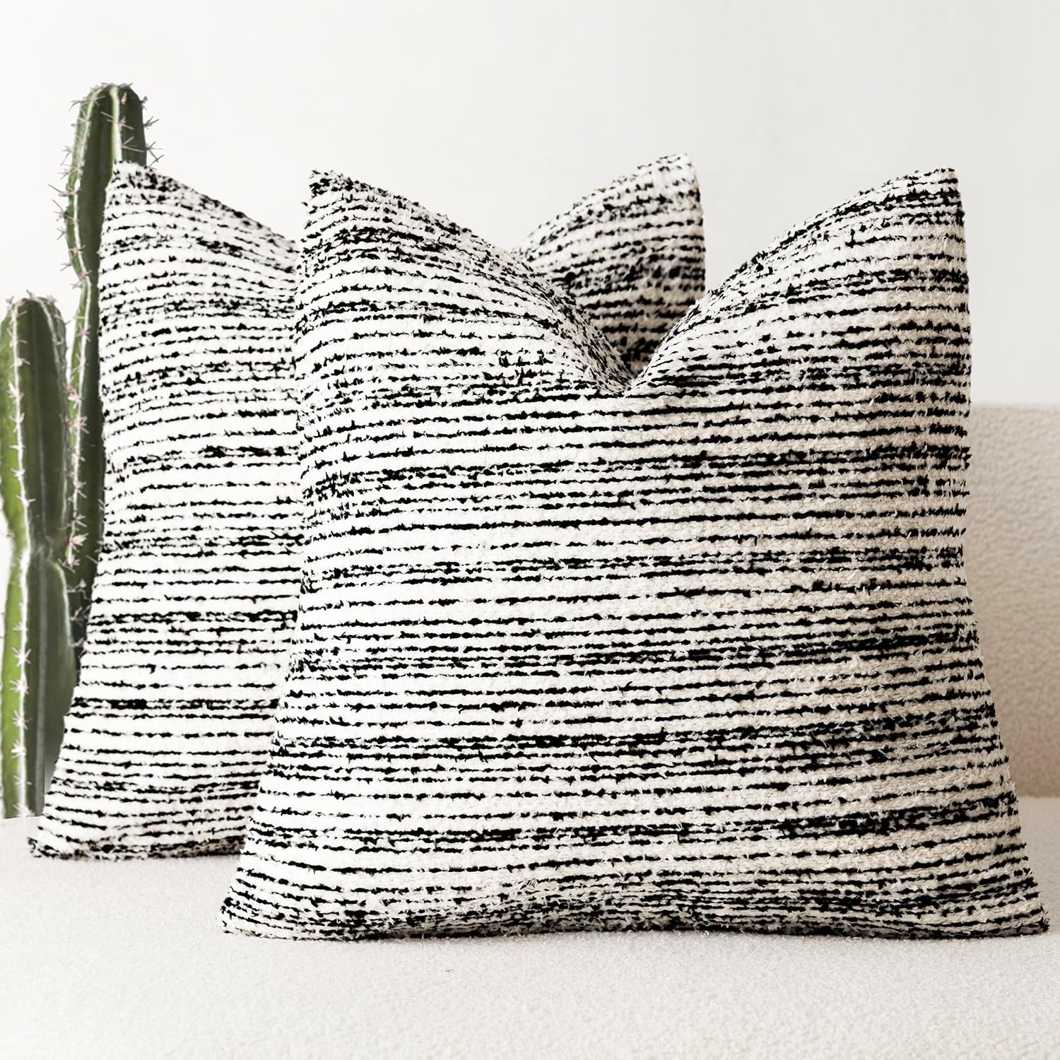 Foindtower Set of 2 Faux Fur Textured Modern Throw Decorative Pillow Covers Square Accent Striped Cushion Sherpa Boho Farmhouse Pillowcase for Couch Living Room Home Decor 18x18 Inch,Black and White