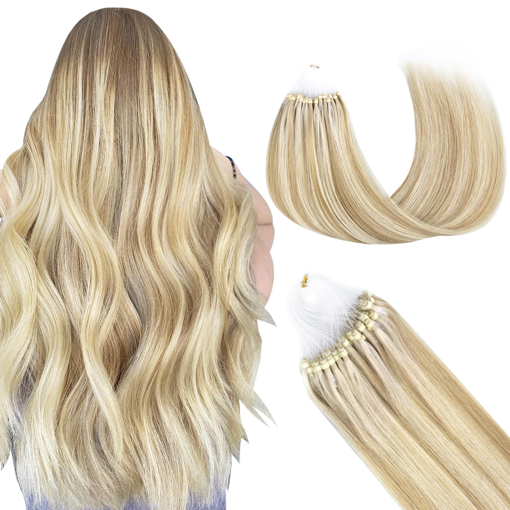 GOO GOO Micro Loop Tip Hair Extensions Real Human Hair, Dark Blonde Highlighted Bleach Blonde 50g 14inch 50 Strands Cold Fusion Micro Bead Extensions