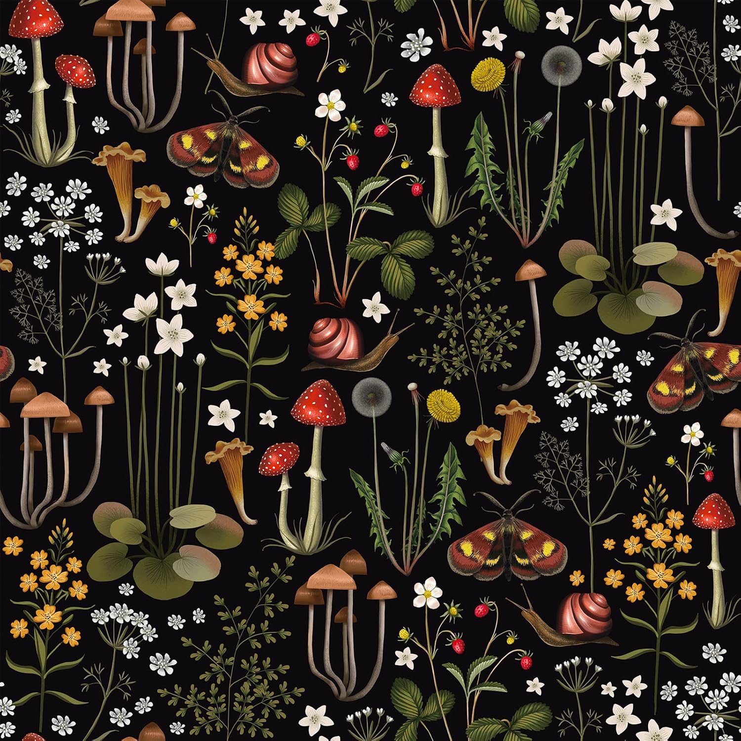 VEELIKE Black Fairy Forest Peel and Stick Moody Mushrooms Floral Wallpaper Mural 17.7''x118'' Dark Botanical Wallpaper Removable Self Adhesive Contact Paper Wall Decor for Bedroom Kids Room