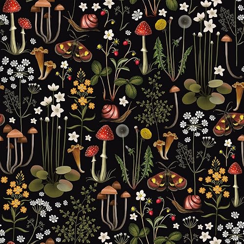 VEELIKE Papel tapiz de bosque de hadas oscuro, papel tapiz botánico de hongos, papel tapiz floral prepegado de 17.7 x 354 pulgadas, papel de