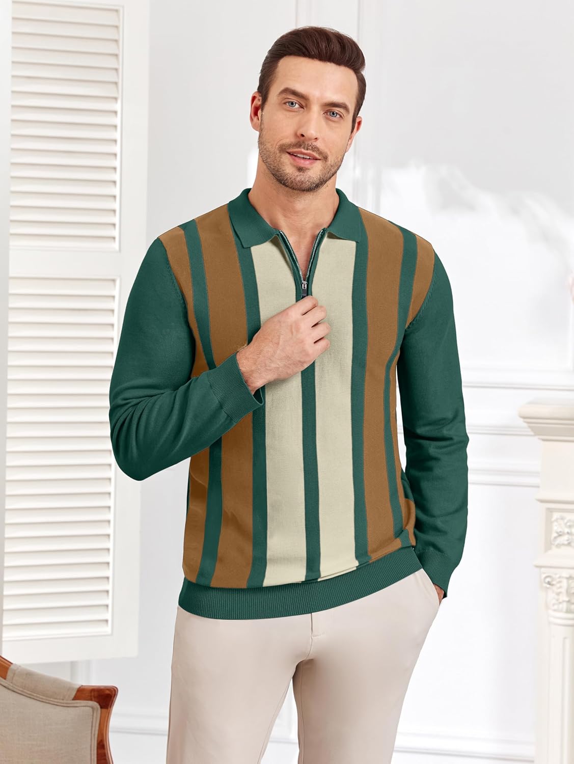 EDITCOZY Mens Knit Polo Shirts Vintage Striped Long Sleeve Quarter Zip Polo Sweater Pullover Shirts Golf Shirts - Image 2