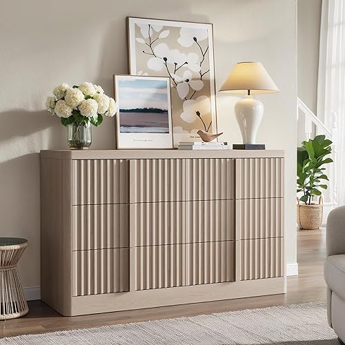 Miniatura 1 de Cómoda acanalada para dormitorio, cómoda de 47 pulgadas de ancho, cómoda moderna de 6 cajones con mango de madera maciza, diseño de perfil curvo,