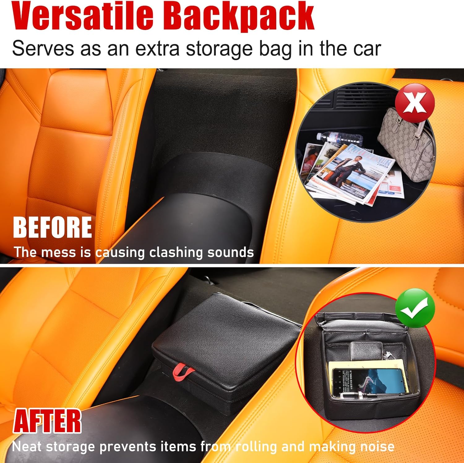 Car Center Console Armrest Back Storage Box Compatible with Corvette C7 2014-2019 Waterproof Foldable Collapsible Large Capacity Stable Armrest Back Seat Organization (Leather)