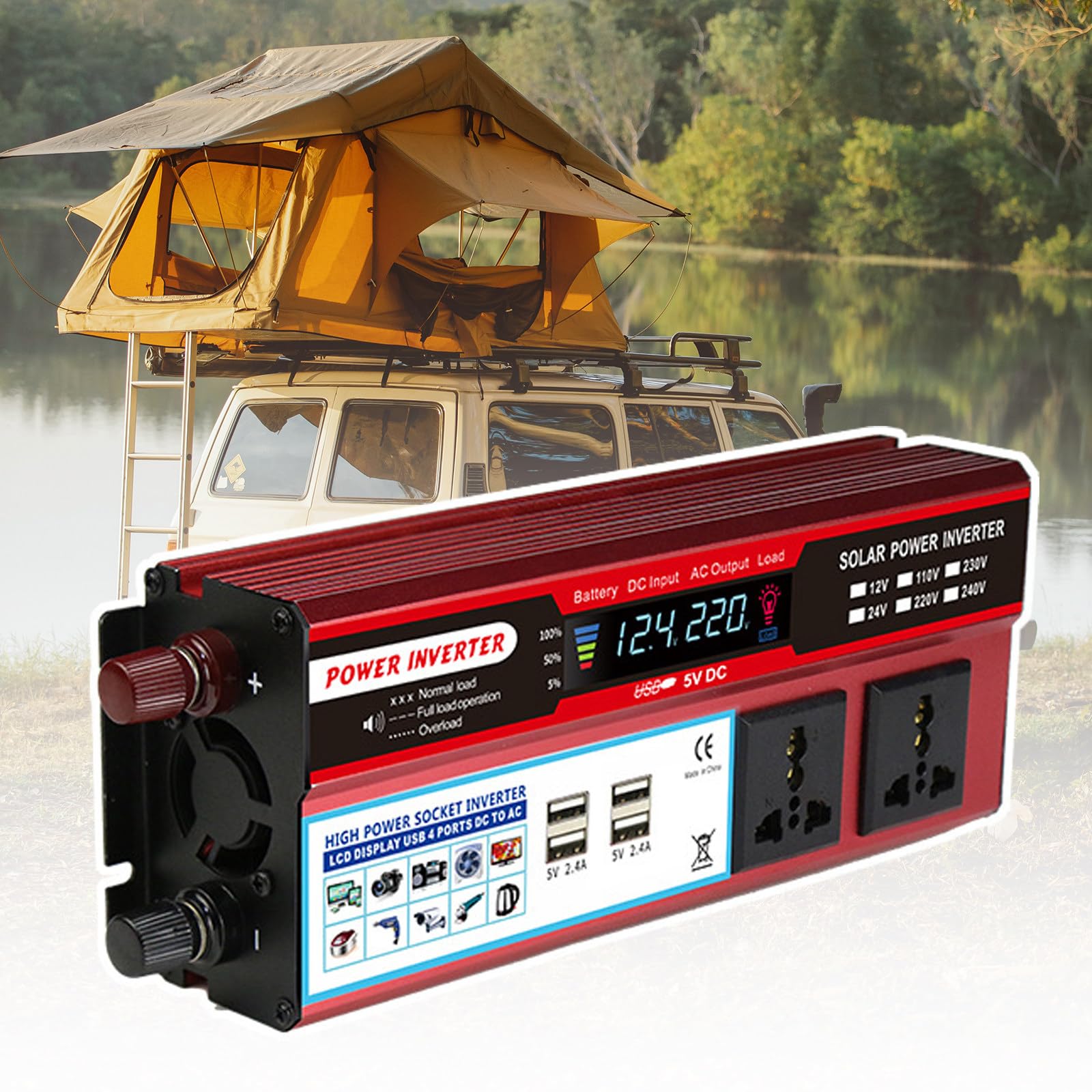 FAXIOAWA Convertitore di Potenza 2000 W, CC 12 V 24 V a 110 V 220 V, Caricatore per Auto 3 in 1 accendisigari con Display LCD per Auto/roulotte/Campeggio/Barca, 12 V-220 V