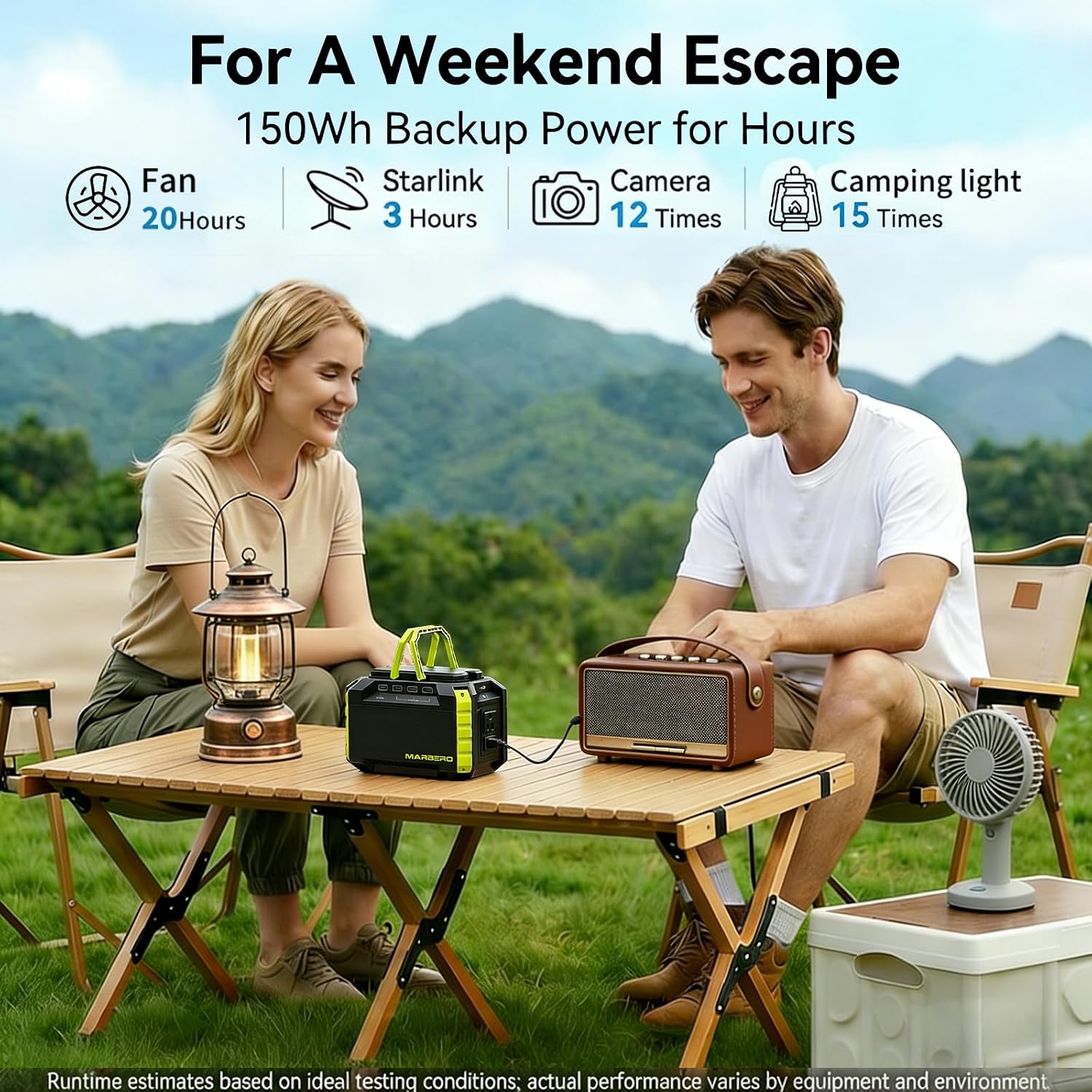 MARBERO Portable Power Station 150Wh Camping Solar Generator Laptop Charger Power Bank with AC Outlet 110V 150W Peak with 4*USB, 4*DC Ports, LED Flashlights for CPAP Home Camping Hurricane Emergency