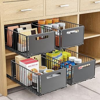 4 Pack Foldable Extendable Cupboard Organiser Extendable Drawer Shelf Storage Kitchen Cabinet Inner Drawer Organiser Extendable for Pantry and Bathroom Vanity 4 Large