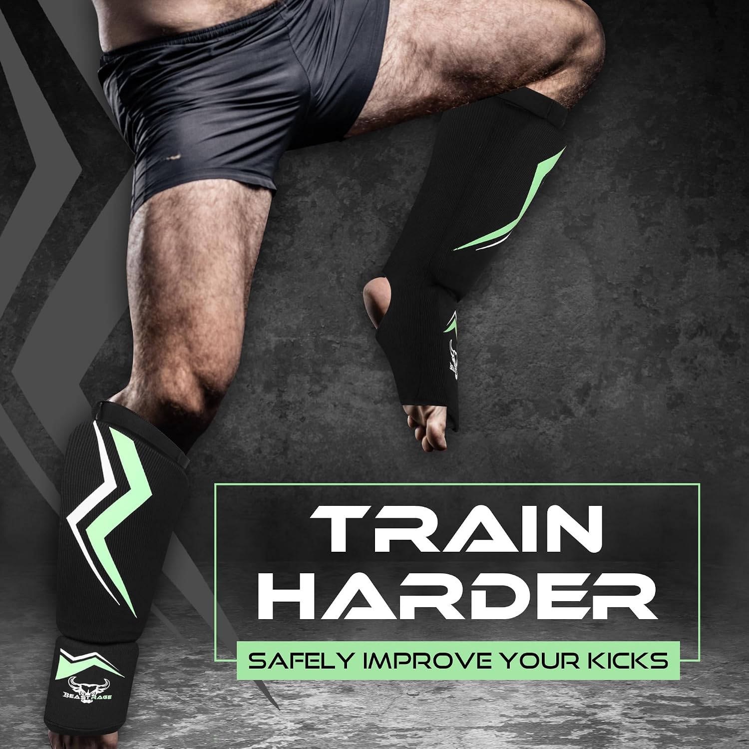 BEAST RAGE Shin Guards for Kickboxing, Instep Sleeves Pads for Muay Thai MMA Training, Martial Arts Boxing, Elasticated Padded Leg Foot Protector for Karate BJJ Taekwondo Gear