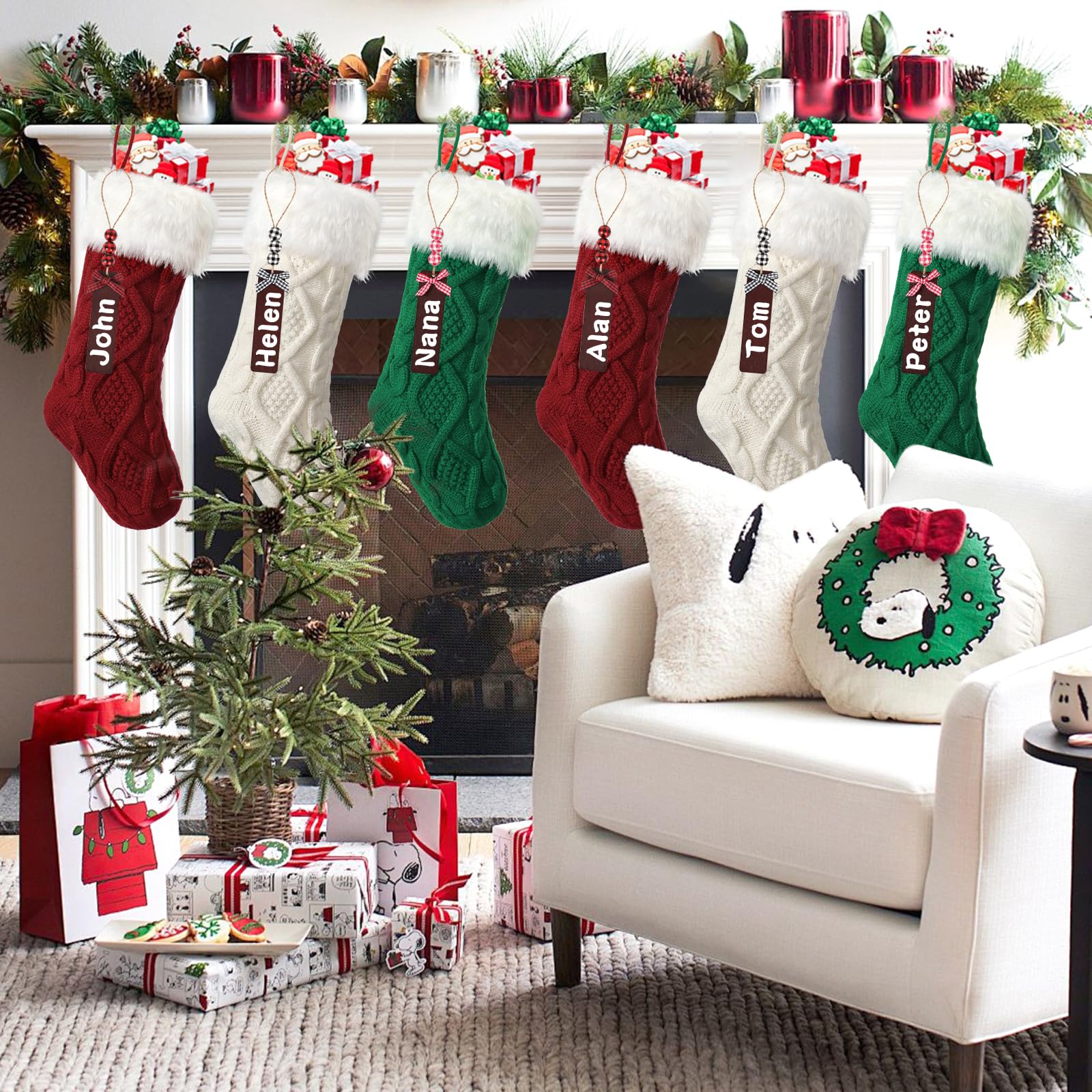 Lot de 6 Chaussettes de Noël tricotées en Laine avec étiquettes Nominatives Chaussettes de Noël Décoratives pour Fête de Noël Décorations de Noël et Cadeaux pour Enfants