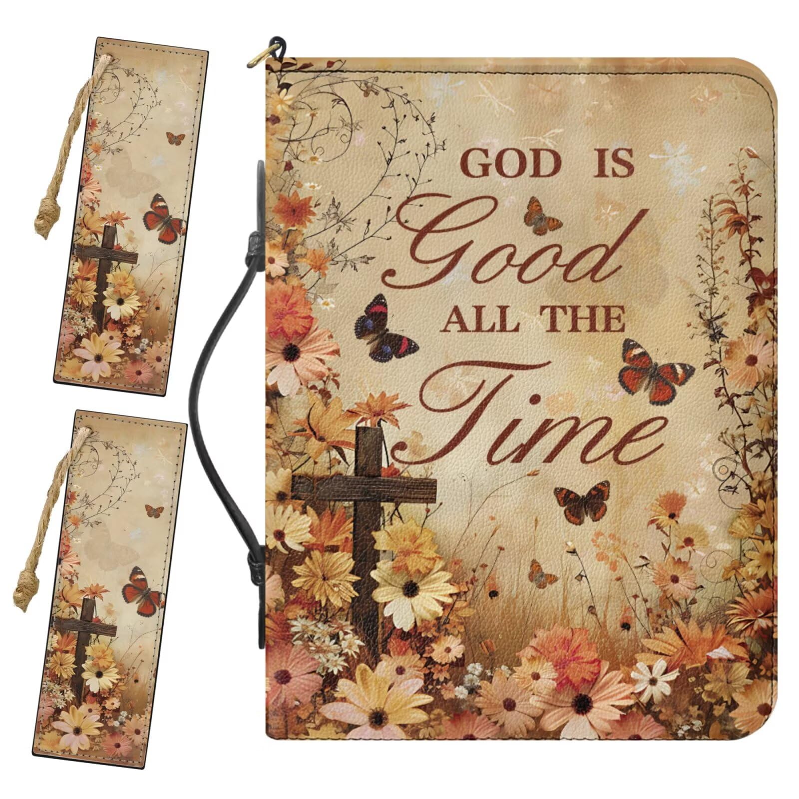 Buxolandt 2026 PU Leather Bible Case for Women, Comes with 2 Leather Bookmarks Built-in Pocket Pen Slots, Brown Bible Cover with Handle, Vintage Cross Daisy Butterfly PU Leather Bible Book Bag