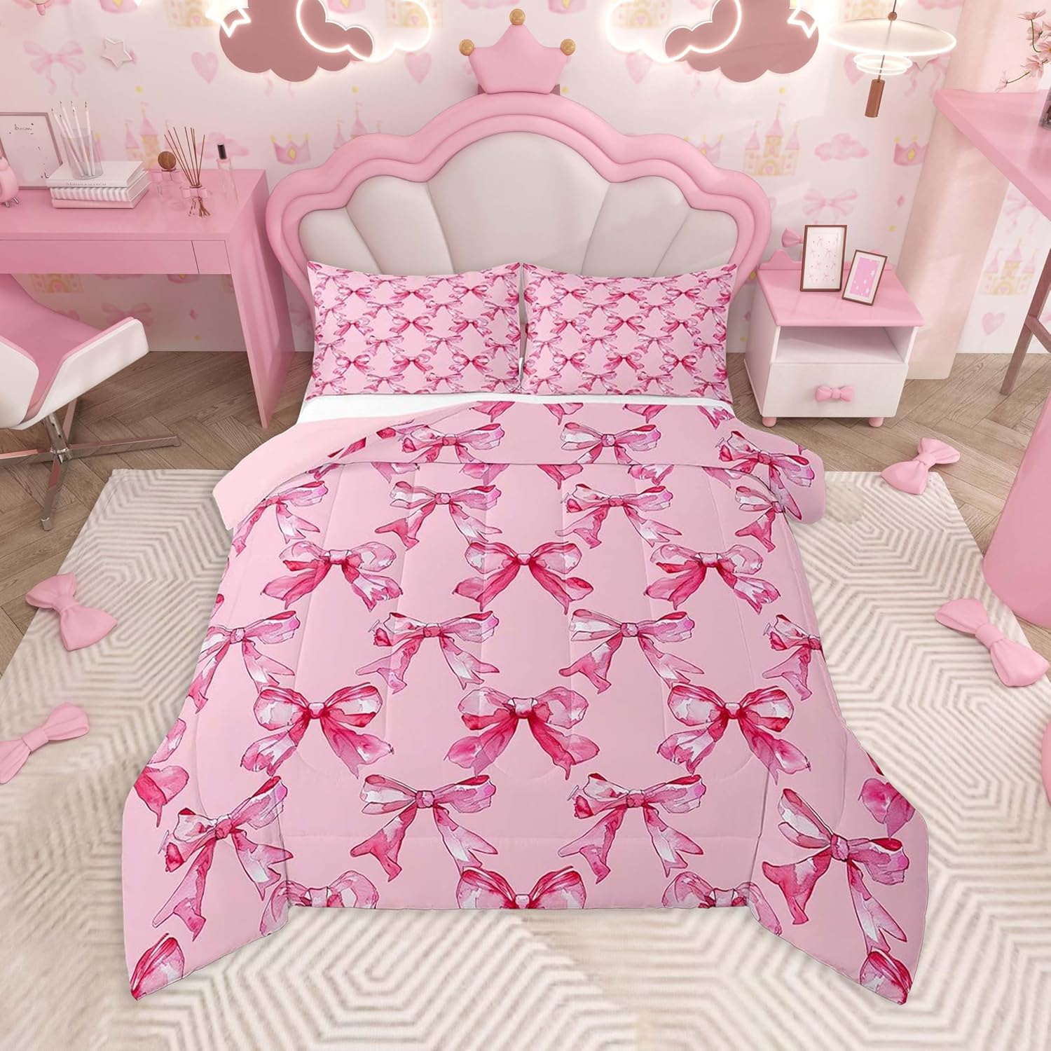 jejeloiu Kids Watercolor Bows Comforter Set Full Size Pink Bow Ribbon Comforter for Boys Girls Adults Vintage Princess Themed Bedding Set Duvet Set Room Decor Quilt Set, 1 Comforter+ 2 Pillow Shams