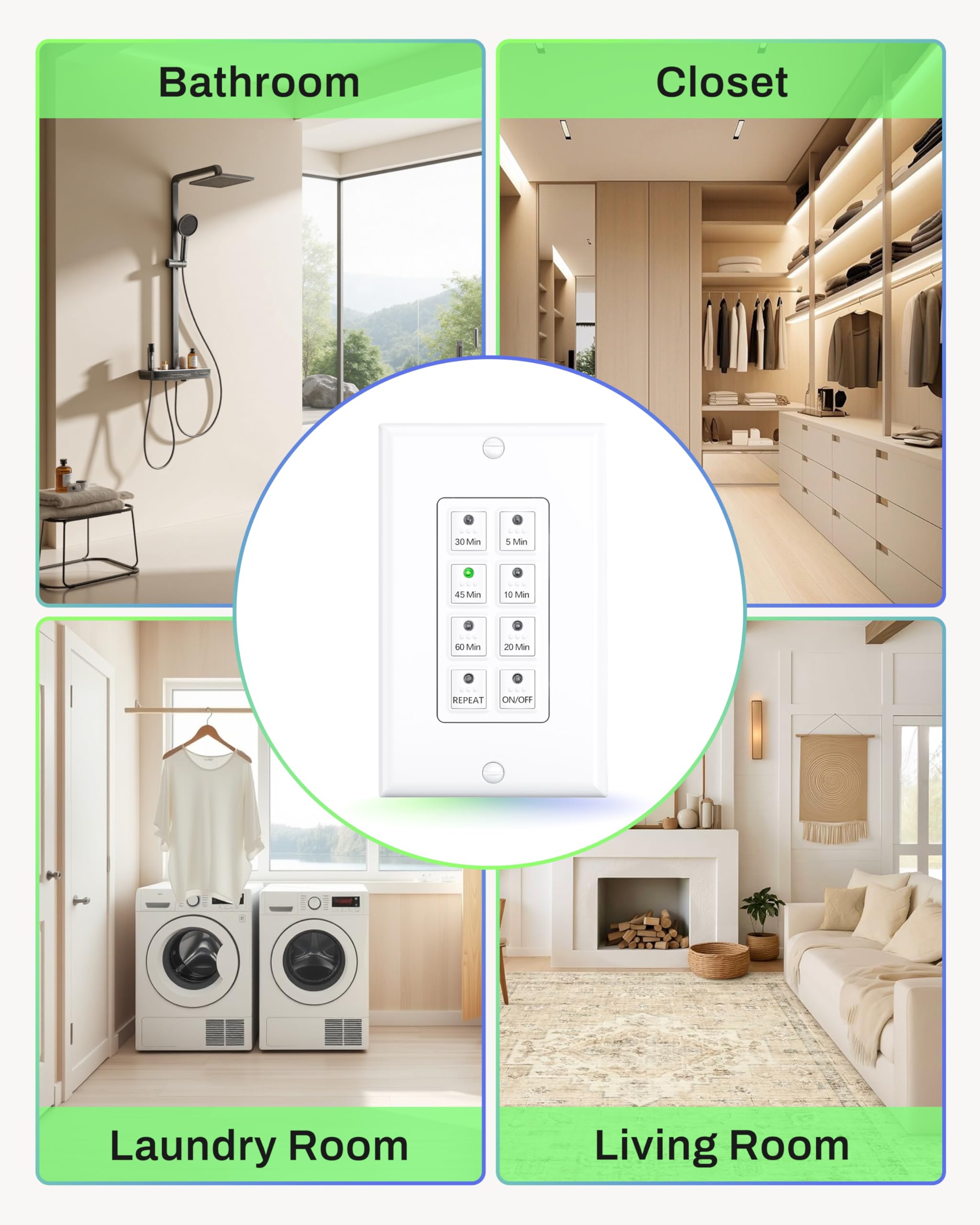 BN-LINK - Interruptor de temporizador digital de cuenta regresiva en la pared con botón pulsador de 5-10-20-30-45-60 minutos, para ventilador de baño, temporizador de luz en la pared, requiere neutro,