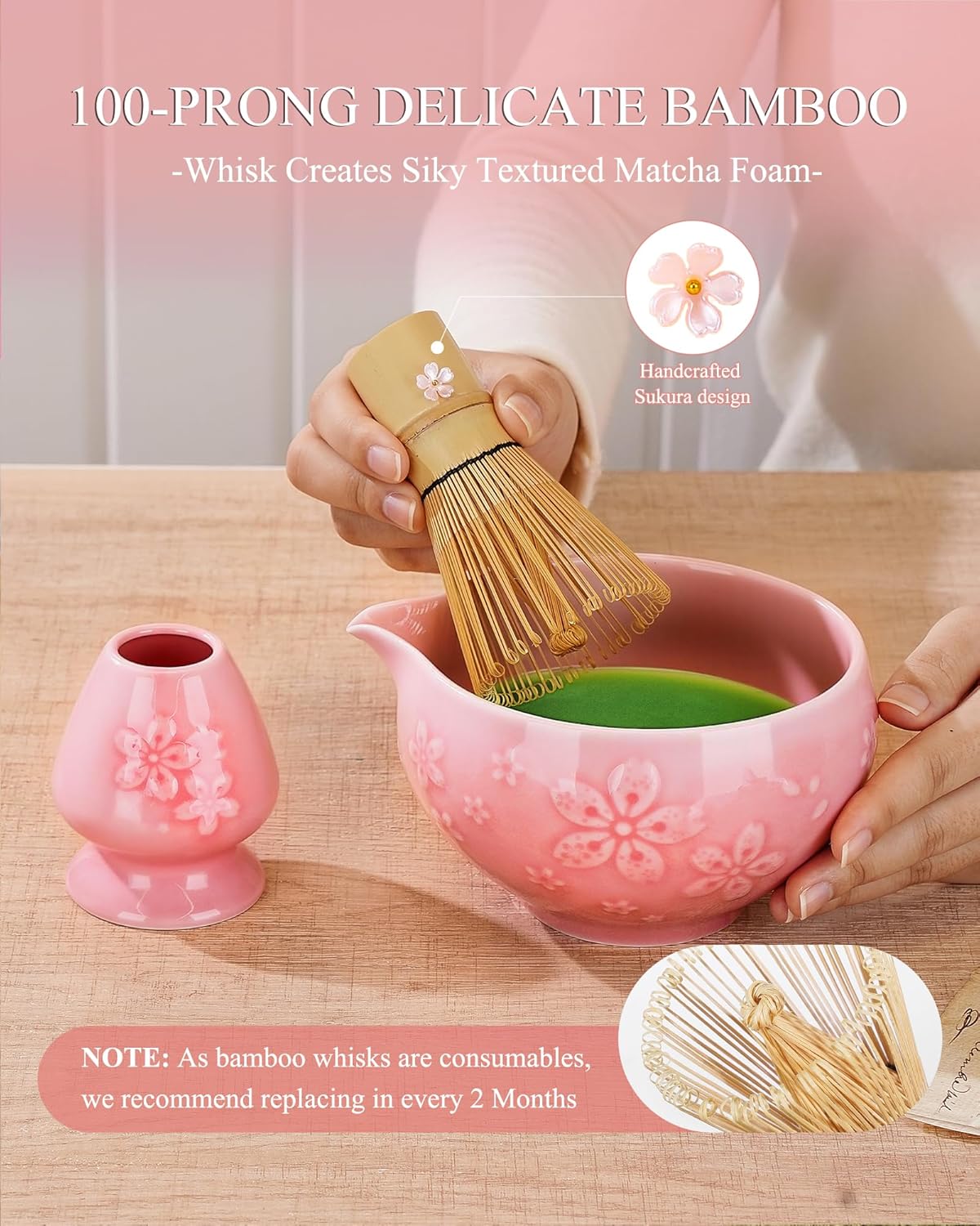 Matcha Whisk Set, 6pcs Matcha Kit Includes Matcha Bowl with Spout, Bamboo Whisk & Scoop with Cute Charm, Chasen Holder, Innovative Sifter, Tea Mat for Latte Making, Pink