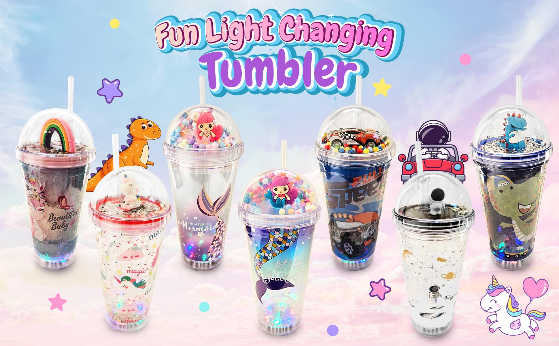 Vaso con luz para niños, botella de agua de 16 onzas con LED que brilla en la oscuridad, sin BPA, tapa con pajita, reutilizable, duradera, doble pared, bonito diseño para niñas y niños (unicornio