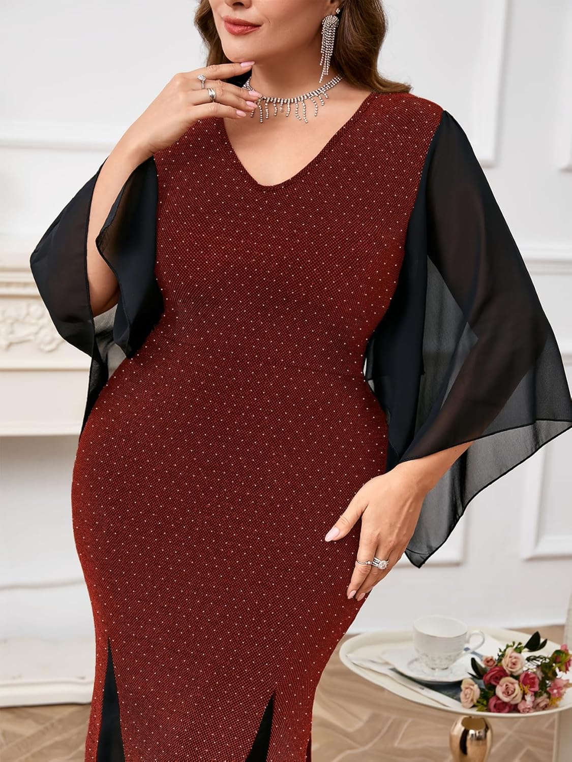 CYCLAMEN Plus Size Sparkly Formal Dress V Neck Handkerchief Sleeve Bodycon Mermaid Maxi Evening Gown Cocktail Party Prom - Image 3