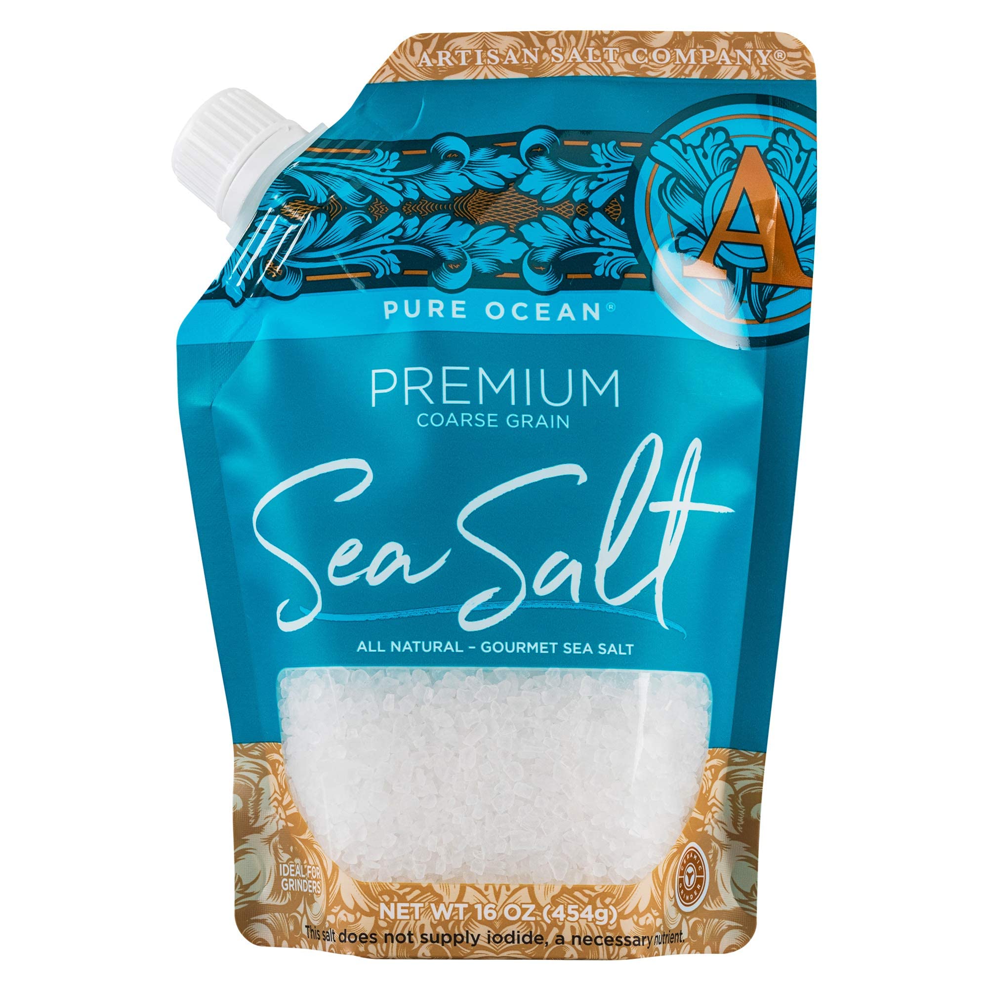 SaltWorksPremium Sea Salt, Coarse, Artisan Pour Spout Pouch, Pure Ocean, 16 Ounce