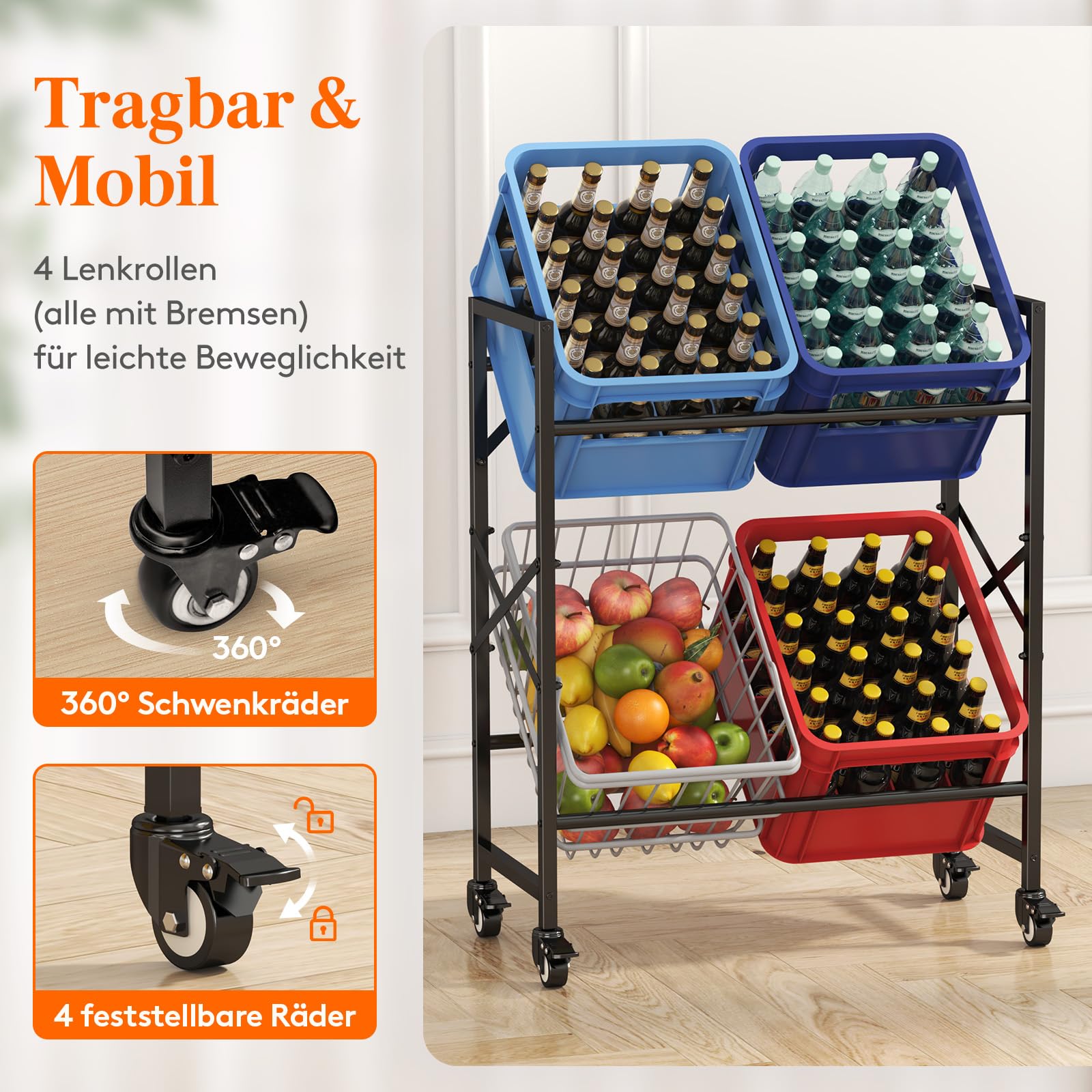 Lifewit Getränkekistenregal 4 Kisten mit Räder, Stabil Kistenregal Metall | trag. 300kg, Bierkisten Regal, Getränkeregal, Wasserkasten Regal, Kastenregal für Bier Getränke Wasser Gemüse Obst