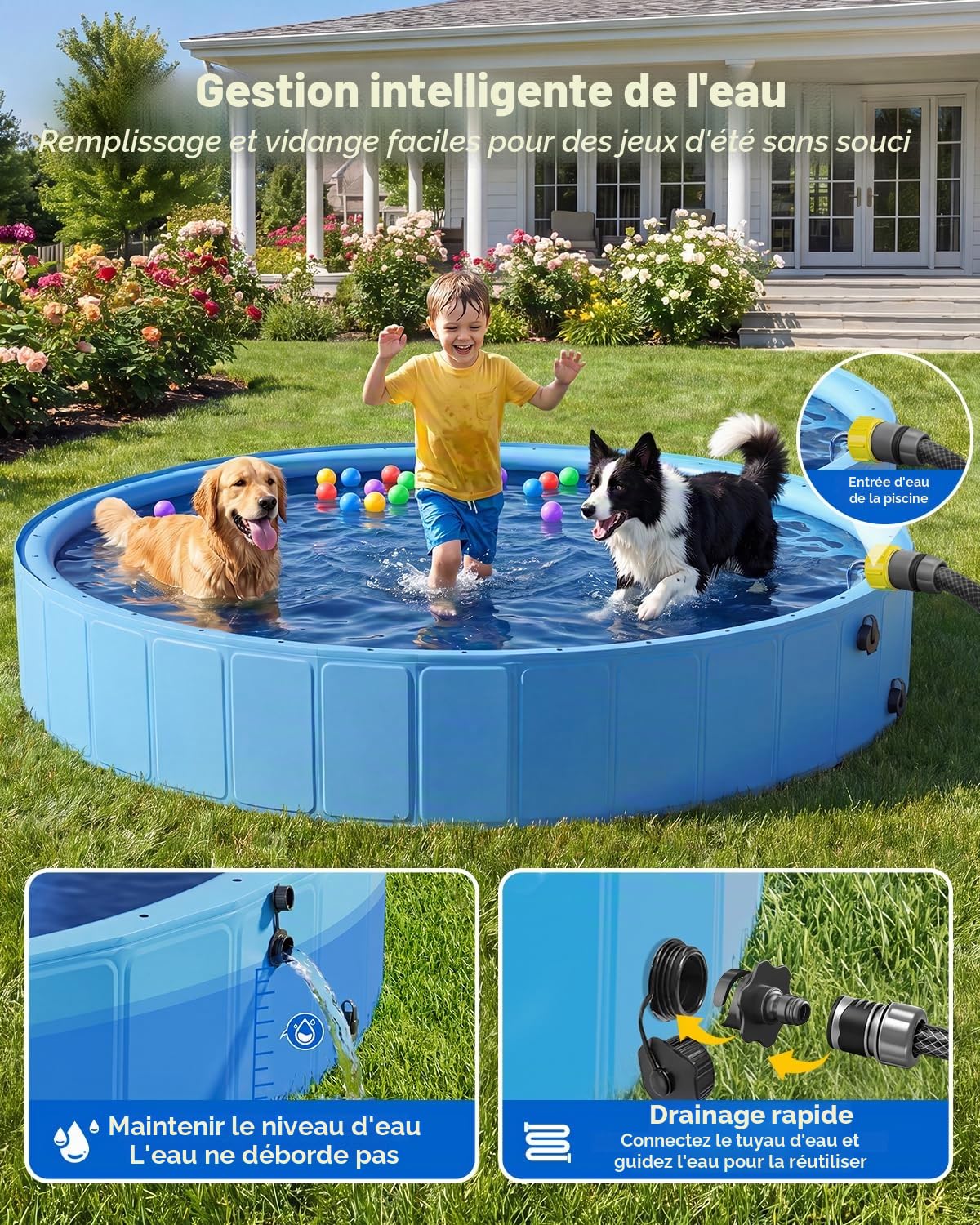 Piscine pour Chien Pliable avec Sprinkler, Grande Piscine Chien 160 cm Antidérapante en PVC avec Jet d’Eau pour Jardin et Extérieur