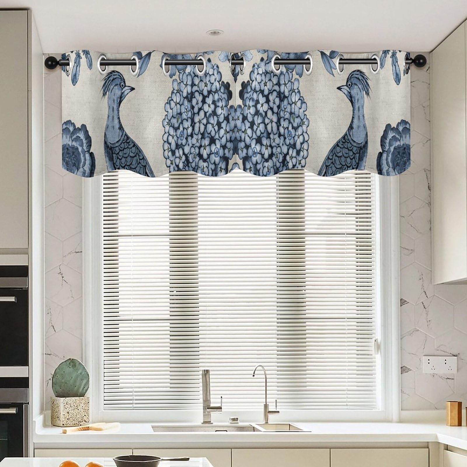 Cantonnière de style asiatique bleu rideaux de cuisine orientaux chinois traitement fenêtre