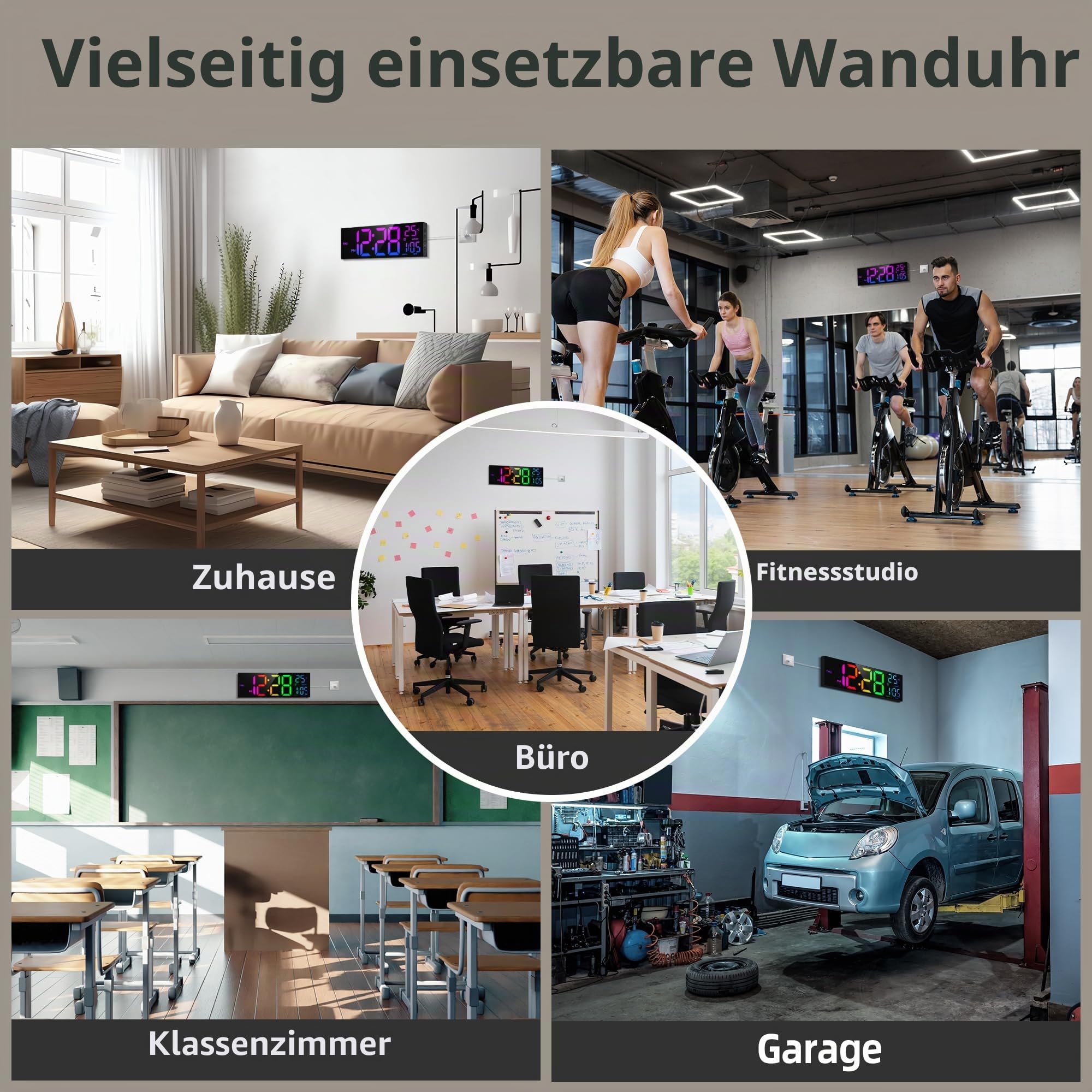 Wanduhr Digital - 8 Farben Digitale Wanduhr 16,2" Große Digitale Uhr mit Temperatur, Datum, Nachtlicht, Automatische Helligkeitsregelung, 24/12-Stunden für Wohnzimmer Büro Fitnessstudio
