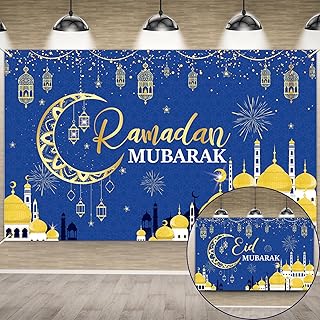 Wiooffen 2PCS Ramadan Mubarak Party Decorations Ramadan Kareem Background Blue Gold Eid Mubarak Backdrop Banner Muslim Ramadan Photo Booth Eid Al-Fitr Party Supplies for Eid Indoor Outdoor Home Decor