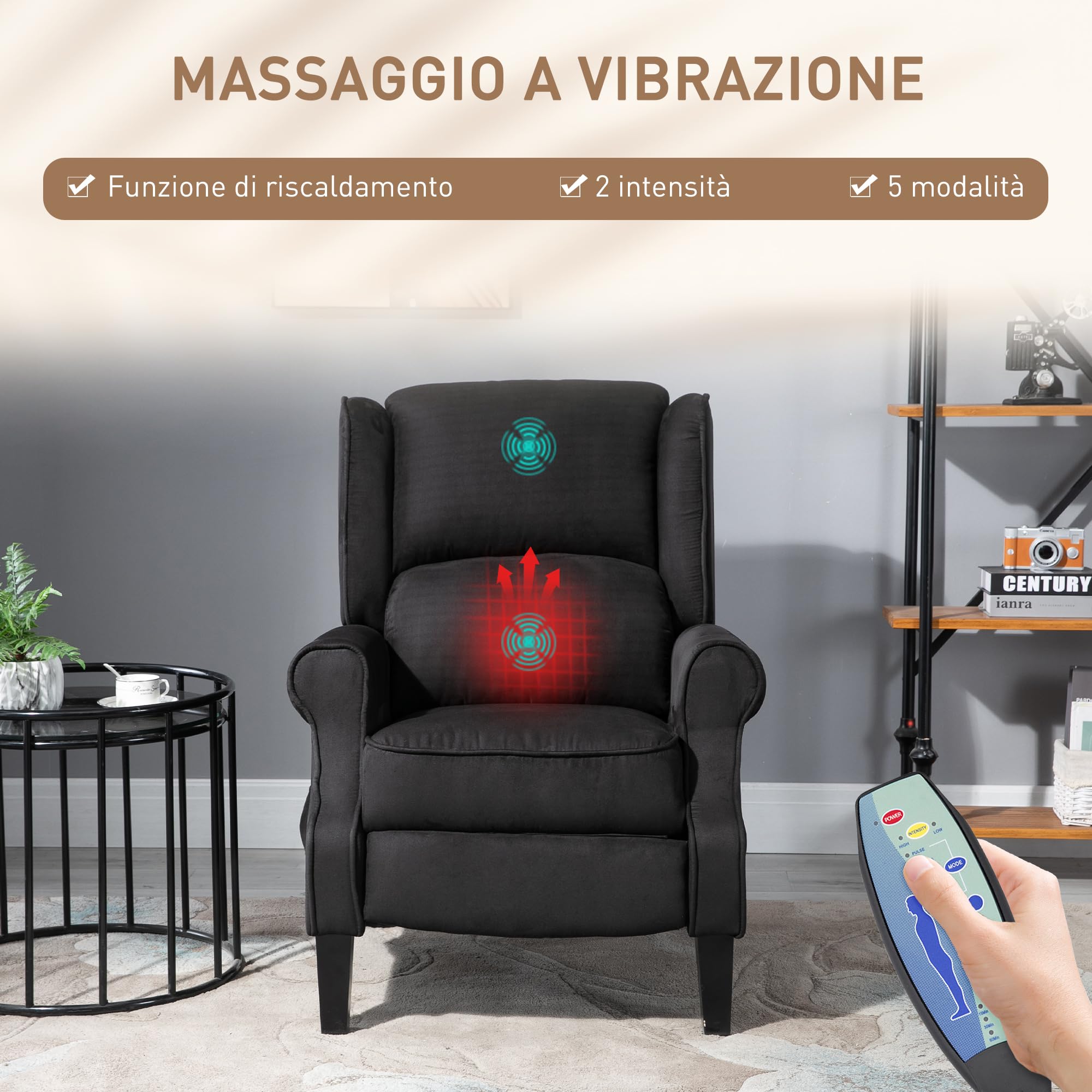 HOMCOM Poltrona Massaggiante Relax Reclinabile con Funzione Riscaldante e Telecomando, 78x83x101cm, Nero