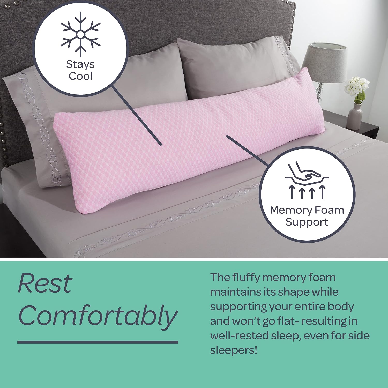 Memory Foam Body Pillow- for Side Sleepers, Back Pain, Pregnant Women, Aching Legs and Knees, Hypoallergenic Zippered Protector by Lavish Home (Pink)