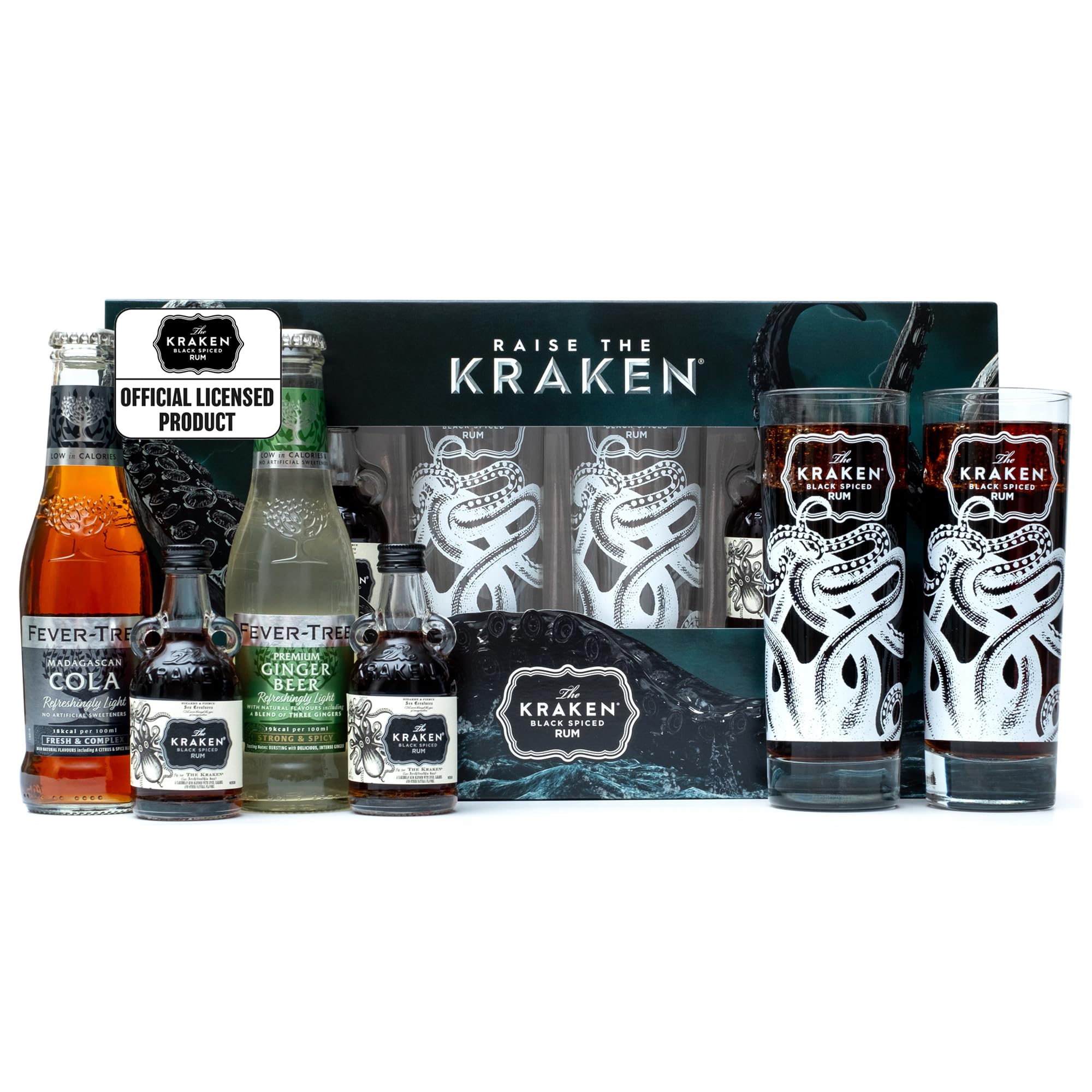 The Kraken Experience, Spiced Rum Gift Set - 2x 5cl Black Spiced Alcohol Miniatures, 2x Kraken Glass and Fever Tree Ginger Beer & Cola 2x 200ml - Cocktail Rum Gifts for Men, Dad, Birthday, Christmas