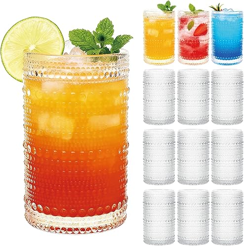 Mapoxy Hobnail - Juego de 12 vasos altos de 12 onzas, vasos de agua transparentes en relieve para cerveza, whisky, jugo y cócteles, juego