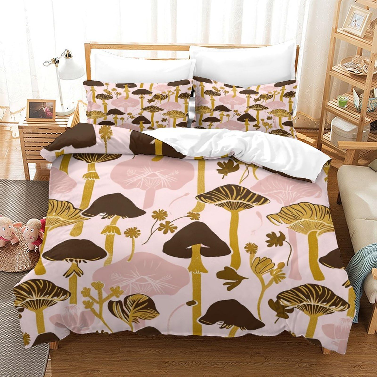 P1S9U7W5Y Botanical 3D Printed Mushroom Duvet Cover Set 3pcs Microfiber Woodland Mushroom Bedding Set King