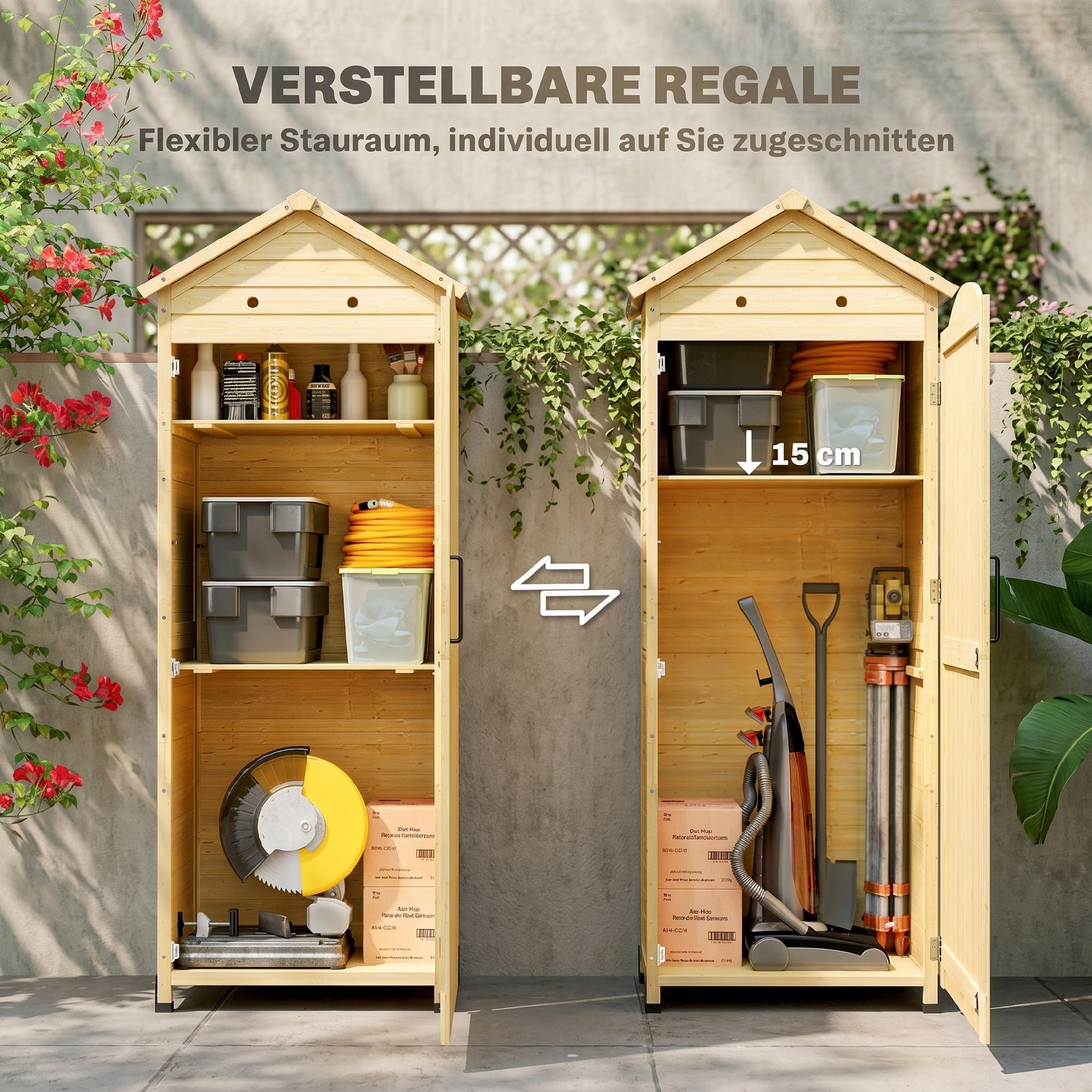 Outsunny Gartenschrank Holz extra hohe Geräteschuppen mit verstellbar Ablage magnetisch Tür galvanisiert Dach Belüftung Kippschutz 85x58x213 cm Geräteschrank Gerätehaus für Garten Terrasse Naturholz