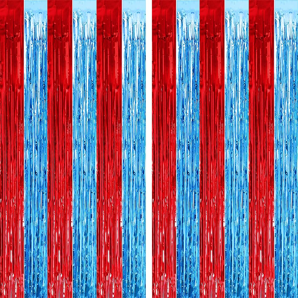 Circus Carnival Red Blue Tinsel Foil Fringe Curtains - Dr Seuss Birthday Dr. Suess Cat in The Hat Theme Party Indoor Outdoor Decoration Photo Props Backdrops Nurse Graduation Party Supplies