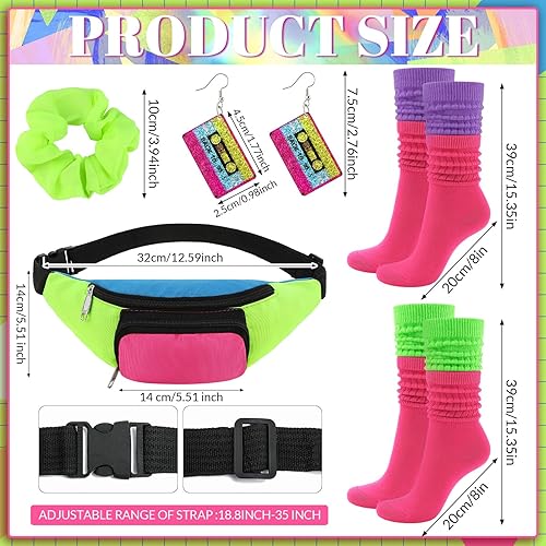 Miniatura 5 de Juego de accesorios para disfraz de los años 80, cangurera retro neón con banda para el pelo, calcetines holgados para fiesta de Halloween