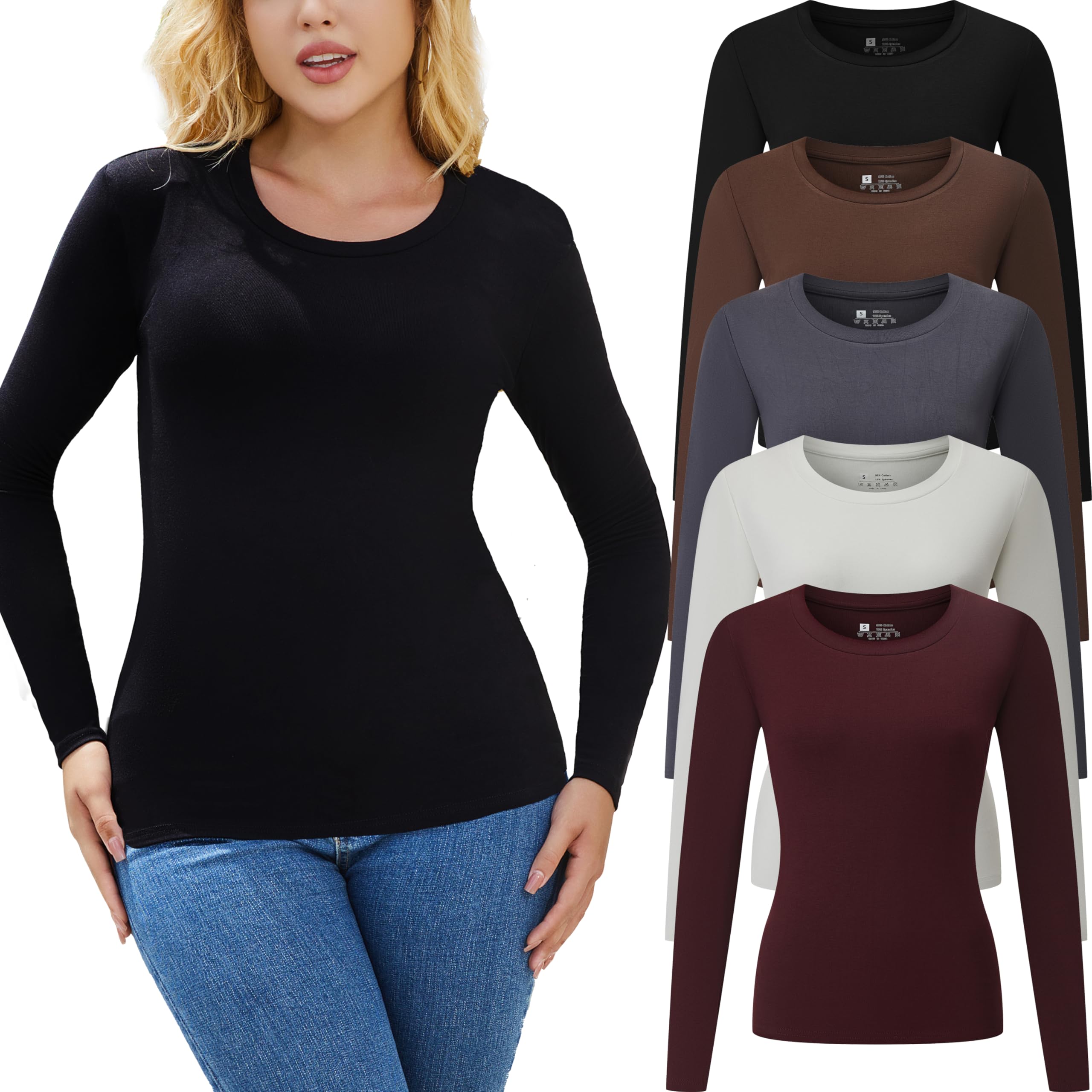 Chongbaijia 5 Pack Long Sleeve Shirts for Women Crew Neck Basic T Shirt Fall Stretch Tight Fitted Thermal Shirts Fashion Tops