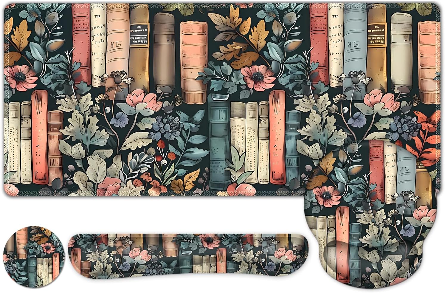 Nature Aesthetic Florals Books Mouse Pad, XXL Large Desk Mat Extended Reading Desk pad, 4PCS Non-Slip Rubber Base Computer Big Mousepads for Work, Game, Office, Home Decor Accessories I Bookworm Gift