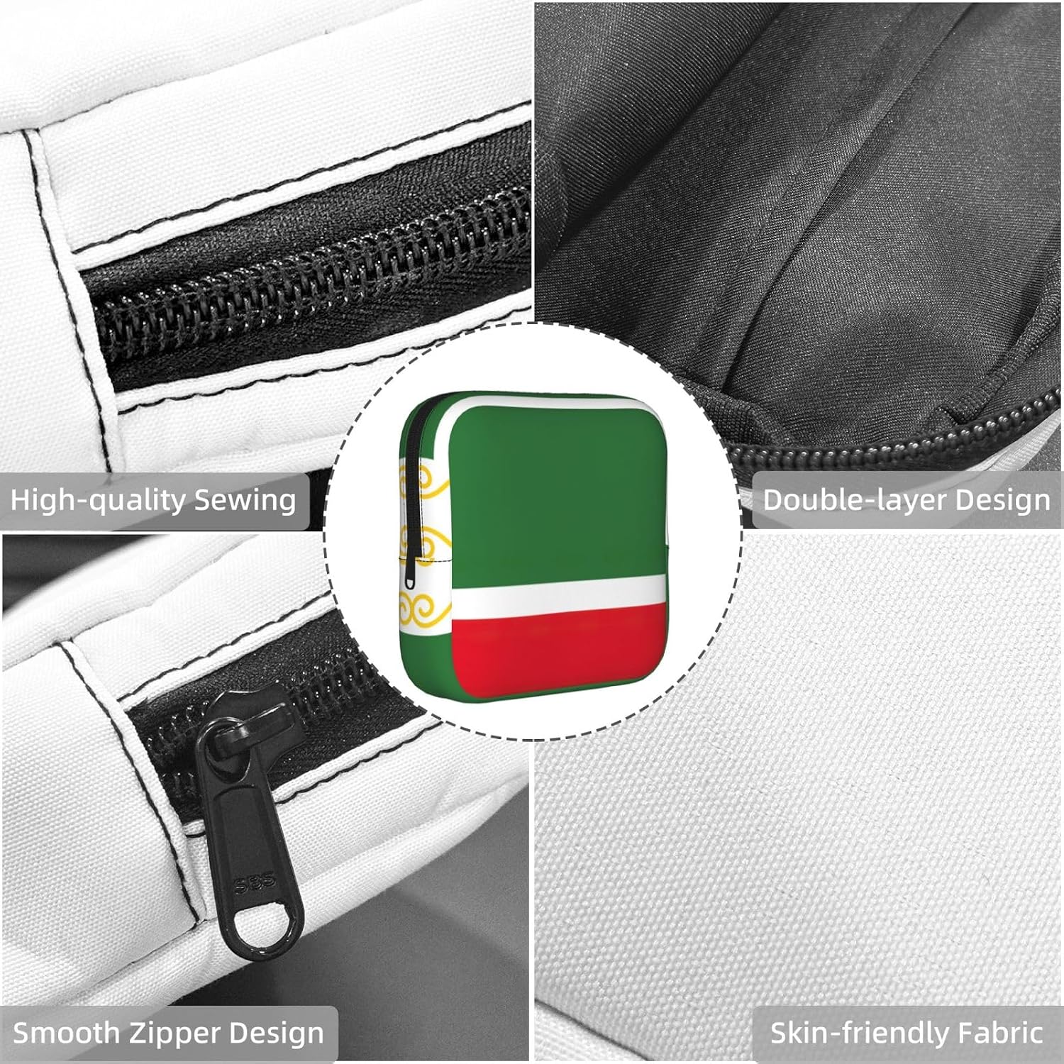 Flag Of The Chechen Republic Print Women Period Bag Sanitary Pouch Portable Pad Pouch Tampon Holder Small Zipper Pouch Storage Bag