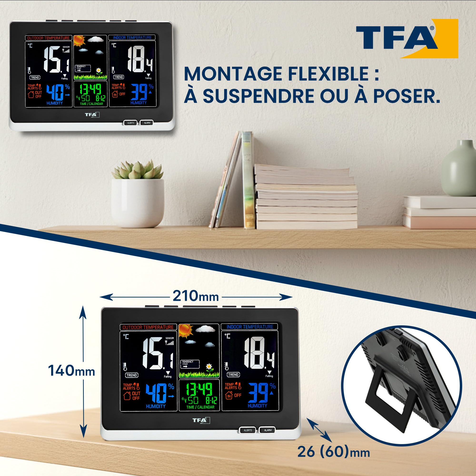 TFA Dostmann Station météo numérique sans fil Spring, 35.1129, avec capteur extérieur, prévisions météo animées, thermomètre et hygromètre, écran couleur, 2 niveaux de luminosité, noir