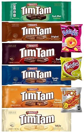 Sampler Tim Tam Chocolate Cookies & Snacks 6 Packs Assortments - 1 Dark Mint, 1 Original, 1 Dark, 1 Double Coat, 1 Chewy Caramel, 1 White & Bongo, Twisties & UFOS