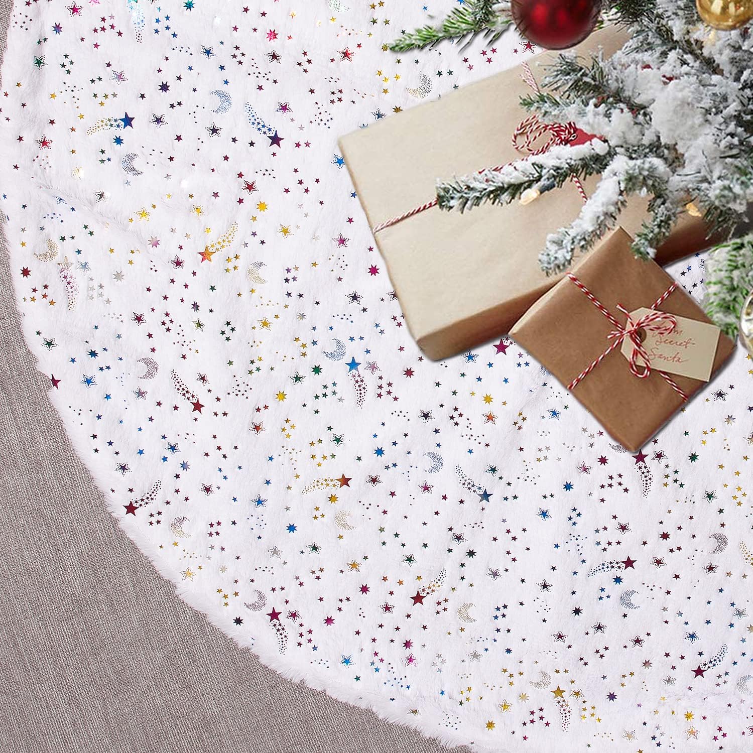 Kaximd Christmas Tree Skirt 30Inch,36Inch,48 Inch Stars & Moon White Xmas Tree Skirts Faux Fur Luxury Tree Skirts Embroidery for Christmas Decorations Holiday Party 906-Colorful-90