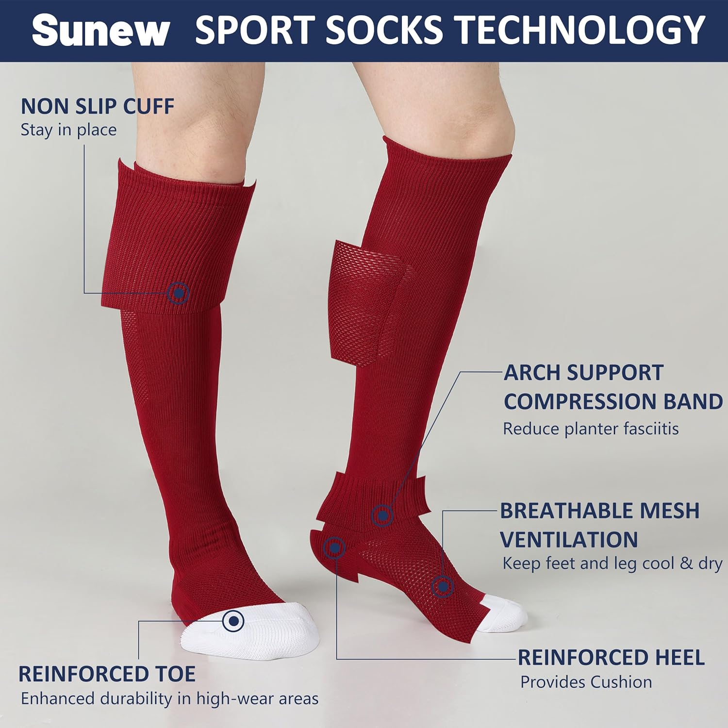 Sunew Soccer Baseball Socks, 2/3 Pack Multi-Sport Athletic Softball Football Volleyball Socks for Youth Adult 4 Size - Image 4
